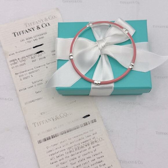 Tiffany & Co. Pink Enamel Signature X Bangle Bracelet Sterling Silver Gift Box - Picture 3 of 13